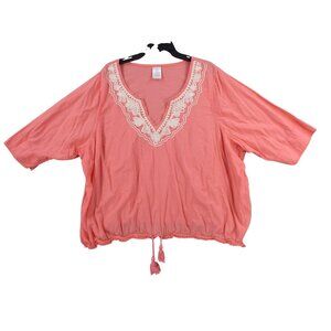 Lands End Womens Coral Embroidered Tunic Blouse 3X 24W-26W Cotton Boho Tassel He